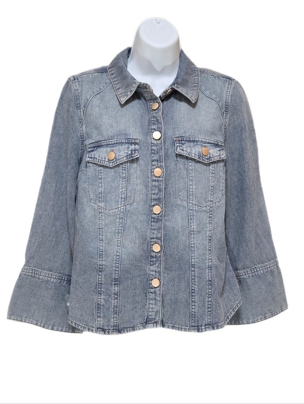 Democracy Button Down Denim Shirt 3/4 Sleeve French Cuff Light Blue S